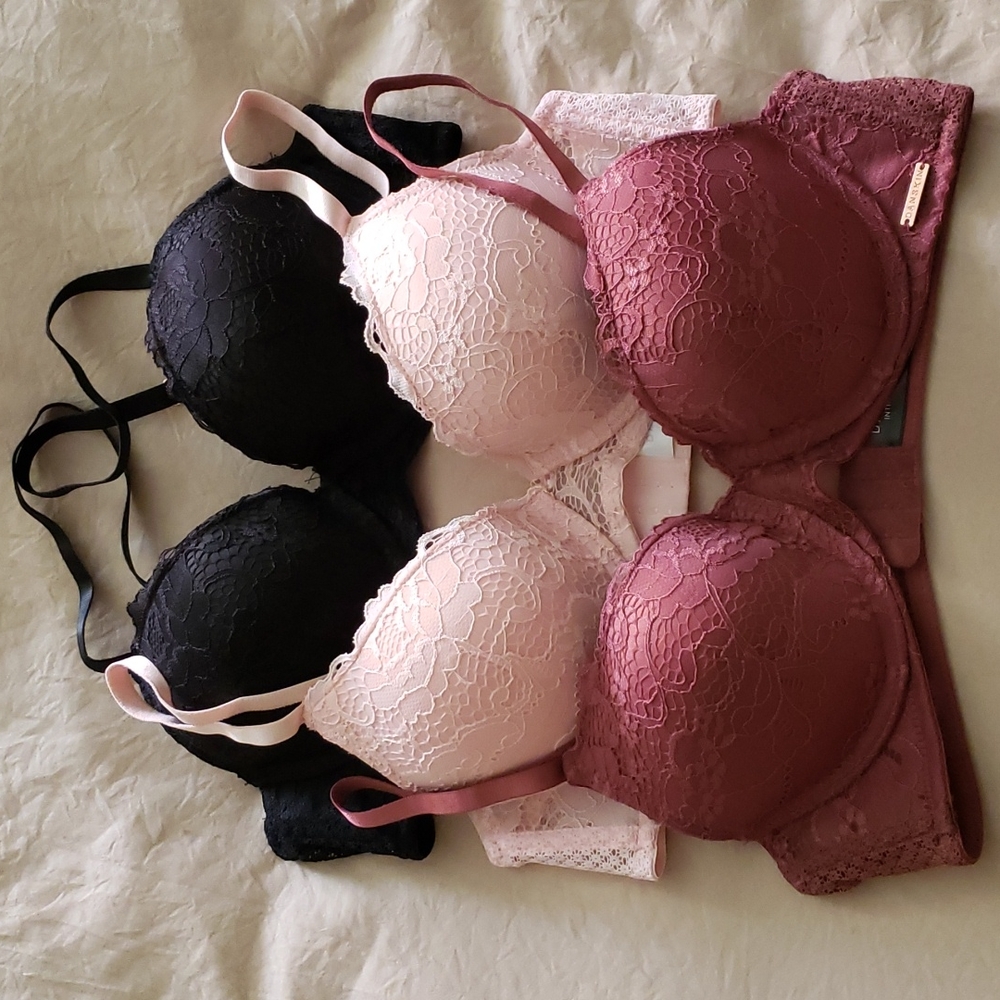 Danskin Intimates Lace Push Up Bras 34B Lot Set of 3 Black Pink Maroon